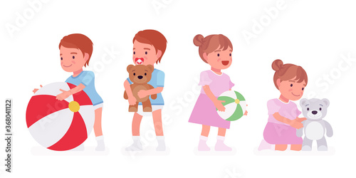 Toddler child, little boy, girl playing with inflatable toy ball, teddy bear. Cute happy healthy baby aged 12, 36 months wearing blue tee shirt, diaper, dress. Vector flat style cartoon illustration