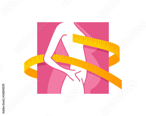 Weight loss emblem (or logo) concept - diet program isolated icon in form of abstract woman silhouette (fat and shapely figure) with measuring tape around 