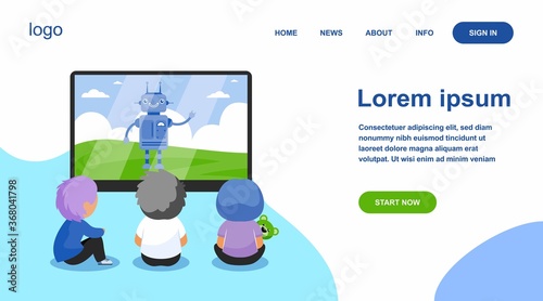 Children watching cartoon with robot. TV, screen, toy flat vector illustration. Childhood and digital technology concept for banner, website design or landing web page