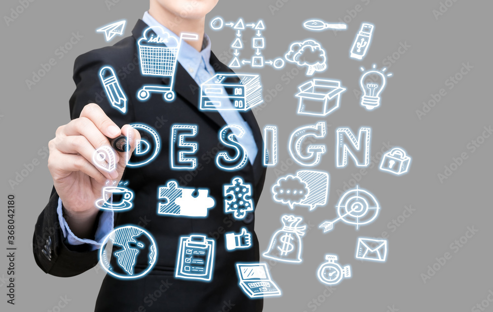 Young business woman writing design idea concept present by icon symbol element. Elegant Design for smart business, planing and design idea concept Young business woman writing design idea concept present by icon symbol element. Elegant Design for smart business, planing and design idea concept