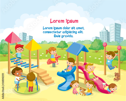 Children playing on playground with rope bridge, and swing, hanging horizontal ladder, slide ,radical rotator and carousel.