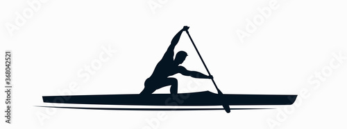 Silhouette of an athlete who is engaged in kayaking, standing in support on one knee. Sports logo, kayak symbol. Vector flat design illustration.