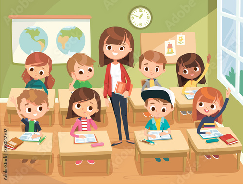 Teacher with pupils in a classroom. Pupils attend classes raising hands listen to teacher. Primary school education vector interior illustration. Teacher taking class. Back to school.