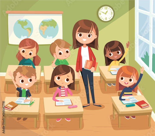 Teacher with pupils in a classroom. Pupils attend classes raising hands listen to teacher. Primary school education vector interior illustration. Teacher taking class. Back to school.