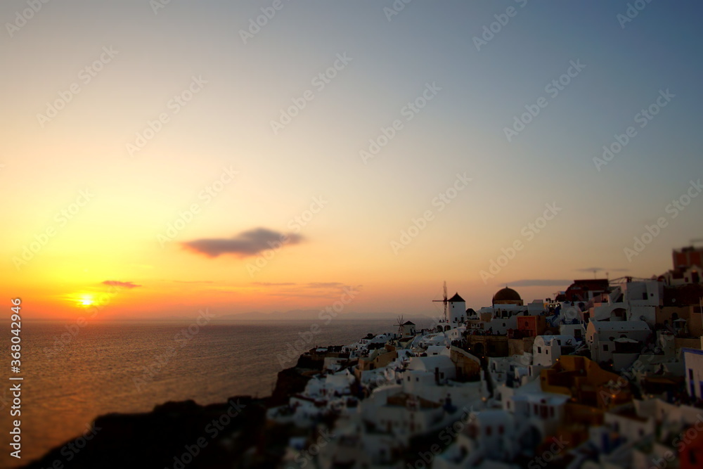 Twilight, Beautiful sunset of Santorini island, Oia, Greece, Europe