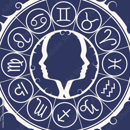 Mystical geometry symbol. Linear alchemy, occult, philosophical sign. Astrology and religion concept. Outline silhouette of human head. Zodiac circle