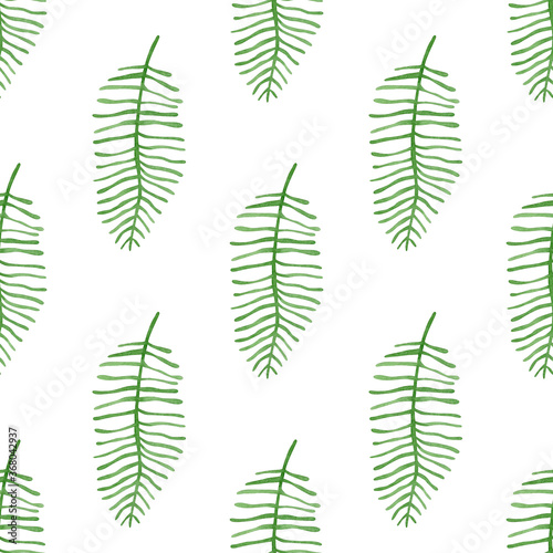 Watercolor seamless pattern of tropical leaves hand-drawn on a white background.