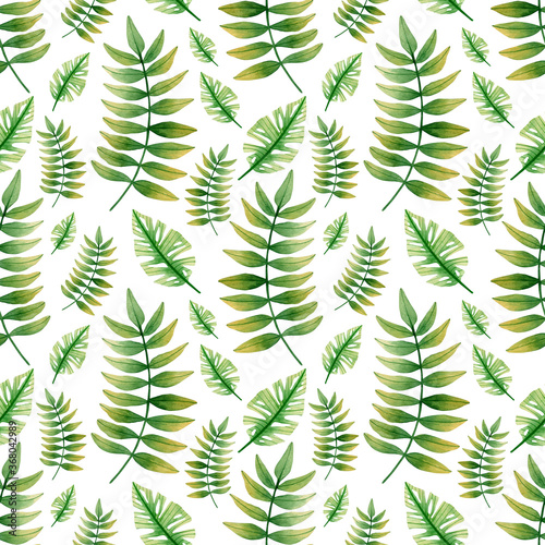 Watercolor seamless pattern of tropical leaves hand-drawn on a white background.