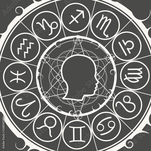 Mystical geometry symbol. Linear alchemy, occult, philosophical sign. Astrology and religion concept. Outline silhouette of human head. Zodiac circle