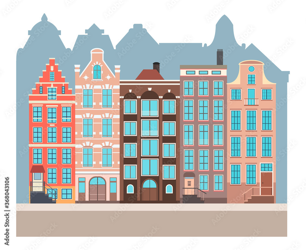 Front view of typical dutch architecture. Graphic cityscape of Amsterdam. Tourism in Netherlands, Europe.