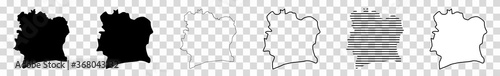 Ivory Coast Map Black | Ivorian Border | State Country | Transparent Isolated | Variations