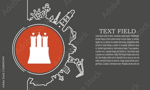 Circle with sea shipping and travel relative silhouettes. Objects located around the circle. Industrial design background. Field for text. Flag of Hamburg