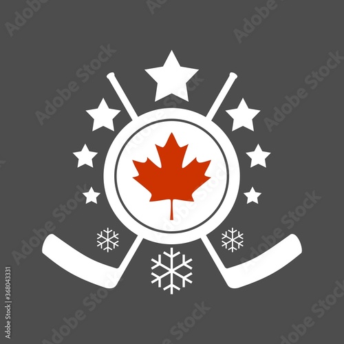 Ice hockey emblem. Crossing sticks, stars and snowflake. Flag of Canada