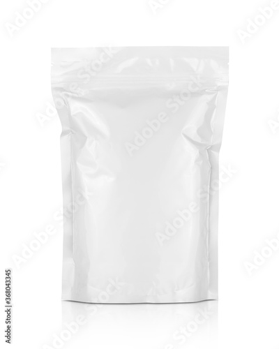 white aluminum foil zipper pouch for food product packaging design mock-up isolated on white background