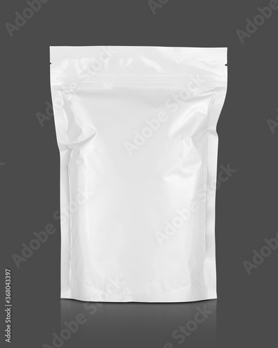 white aluminum foil zipper pouch for food product packaging design mock-up isolated on gray background