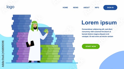 Arabic business man. Person in traditional ethnic clothes standing at huge heap of money cash flat vector illustration. Finance, success, capital concept for banner, website design or landing web page