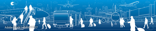 Airport panorama. The plane is on the runway. Aviation transportation infrastructure. Airplane fly, people get on the aircraft and bus. Night city on background, vector design art