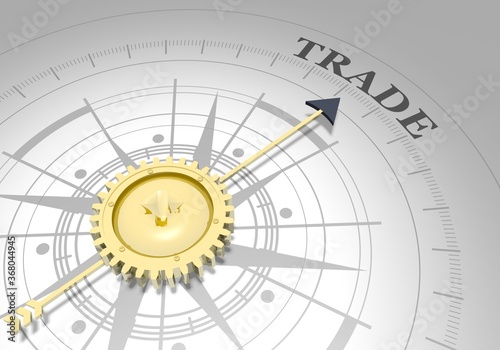 Business concept. Abstract compass points to the trade word. 3D rendering