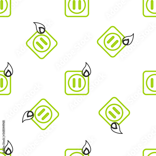 Line Electric wiring of socket in fire icon isolated seamless pattern on white background. Electrical safety concept. Plug outlet on fire. Vector Illustration.