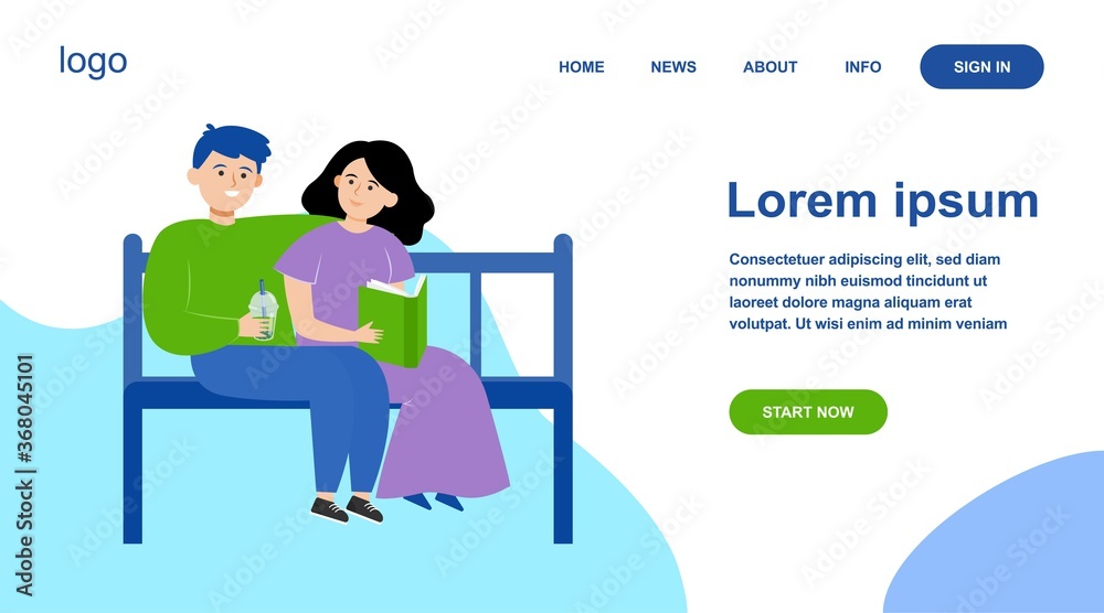 Happy couple sitting on bench in park. Date, love, book flat vector illustration. Relationship and family concept for banner, website design or landing web page Happy couple sitting on bench in park. Date, love, book flat vector illustration. Relationship and family concept for banner, website design or landing web page