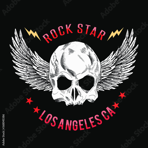 Vector design for t-shirt of a skull with white wings and red letters on a black background.