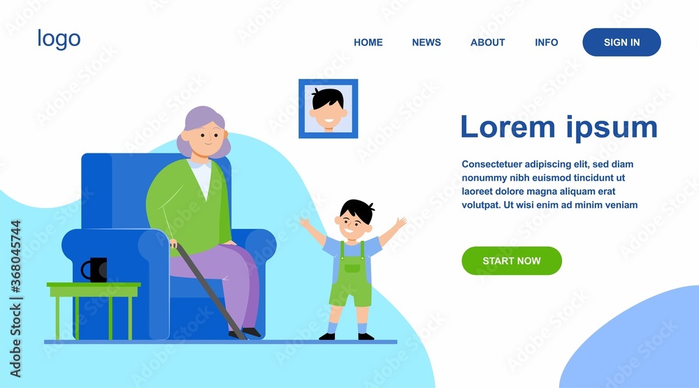 Grandma sitting in armchair and little grandson smiling. Kid, boy, generation flat vector illustration. Family and parenting concept for banner, website design or landing web page