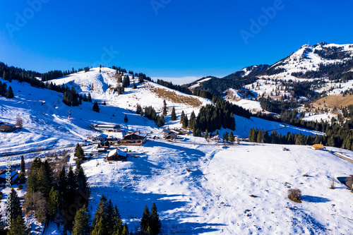 Germany, Mangfall Mountains, Upper Bavaria, Bayrischzell region, Oberaudorf, Sudelfeld, ski resort, aerial view © David Brown