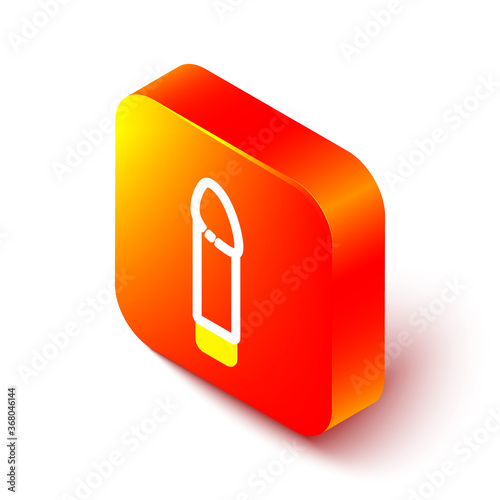 Isometric line Dildo vibrator for sex games icon isolated on white background. Sex toy for adult. Vaginal exercise machines for intimate. Orange square button. Vector Illustration.