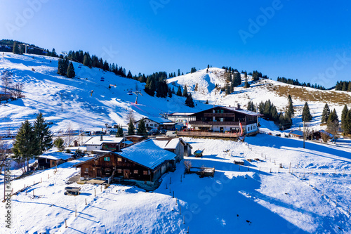 Germany  Mangfall Mountains  Upper Bavaria  Bayrischzell region  Oberaudorf  Sudelfeld  ski resort  aerial view