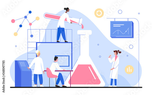 People work in science laboratory vector illustration. Cartoon flat tiny scientist researcher characters working with lab scientific equipment over research in chemistry medicine isolated on white