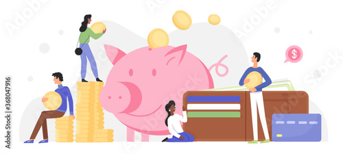 People invest money in piggy bank vector illustration. Cartoon flat tiny characters investing golden coins and banknotes in happy pig moneybox, success business investment concept isolated on white