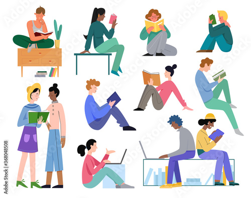 People study vector illustration set. Cartoon flat active school or university student collection with young man woman characters read book or textbook, do homework lesson on laptop isolated on white