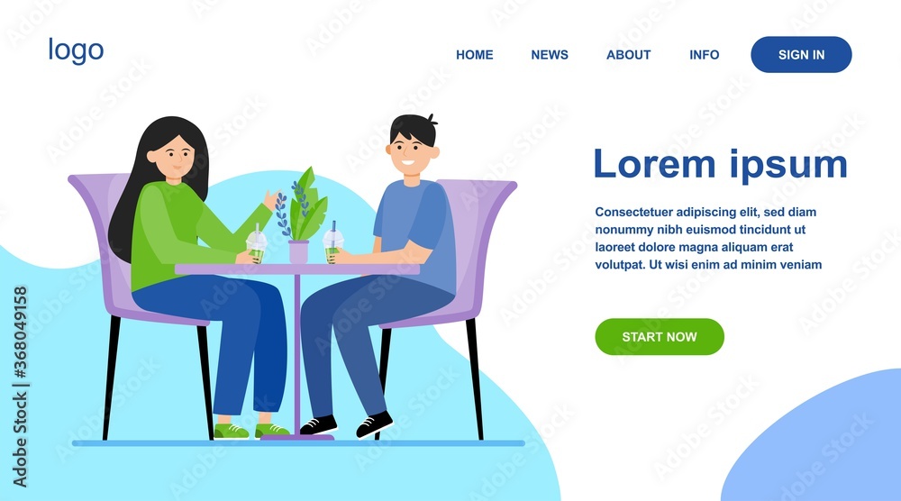 Young couple sitting in cafe and drinking bubble tea. Date, love, coffee flat vector illustration. Relationship and family concept for banner, website design or landing web page Young couple sitting in cafe and drinking bubble tea. Date, love, coffee flat vector illustration. Relationship and family concept for banner, website design or landing web page