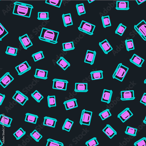 Line Online ordering and burger delivery icon isolated seamless pattern on black background. Vector Illustration.