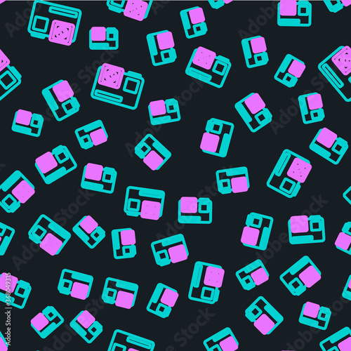 Line Action extreme camera icon isolated seamless pattern on black background. Video camera equipment for filming extreme sports. Vector Illustration.