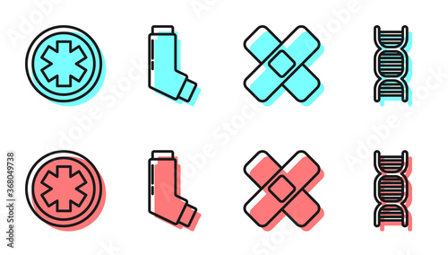 Set line Crossed bandage plaster, Medical symbol of the Emergency, Inhaler and DNA symbol icon. Vector.