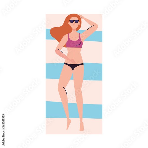 view aerial, woman with swimsuit using sunglasses lying down, tanning on towel, summer vacation season vector illustration design