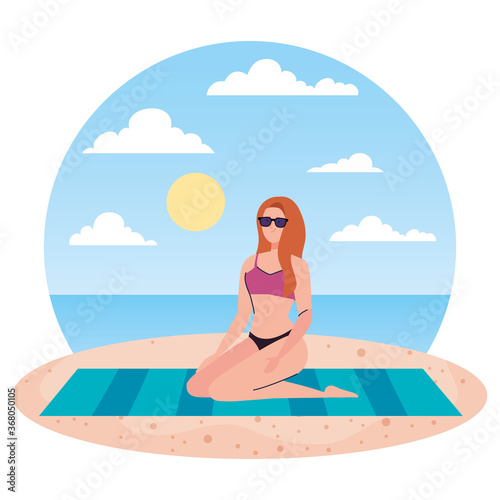 woman with swimsuit sitting on the towel, in the beach, holiday vacation season vector illustration design © Gstudio