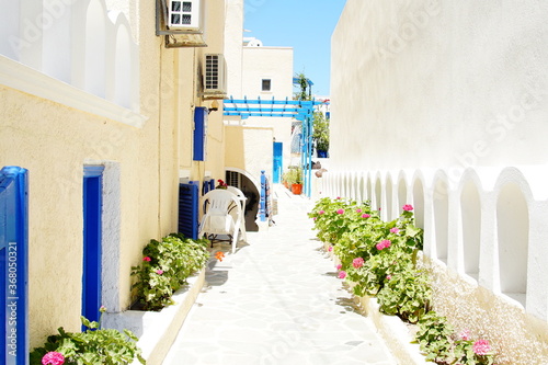 beautiful narrow alley of Santorini island in Greece  Europe