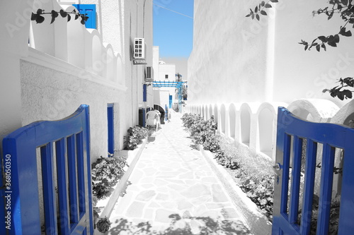 Fototapeta Naklejka Na Ścianę i Meble -  WHITE and BLUE, beautiful narrow alley of Santorini island in Greece, Europe