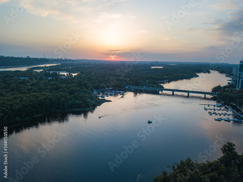 Sunset over the Dnieper River in Kiev. Aerial drone view. © Sergey
