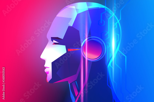 Artificial intelligence or robot with human face. Deep machine learning and neuro technology with implantable brain interfaces. Vector illustration