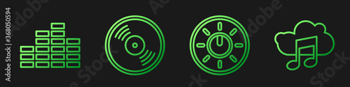 Set line Dial knob level technology settings, Music equalizer, Vinyl disk and Music streaming service. Gradient color icons. Vector.