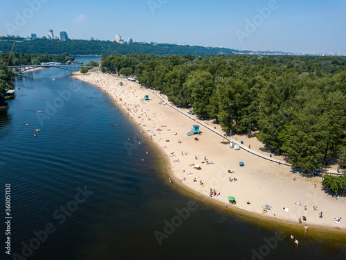 Aerial view. City sandy beach in summer in Kiev.