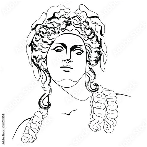 Vectoral linear illustration of an antique god. Isolated image of the god of winemaking and fun Dionysus. Character of ancient Roman mythology.