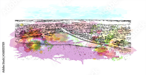 Building view with landmark of Ajax is a town in Durham Region in Southern Ontario, Canada. Watercolor splash with Hand drawn sketch illustration in vector.