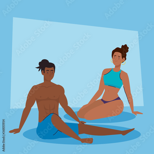 couple afro with swimsuit sitting, summer vacation season vector illustration design © Gstudio