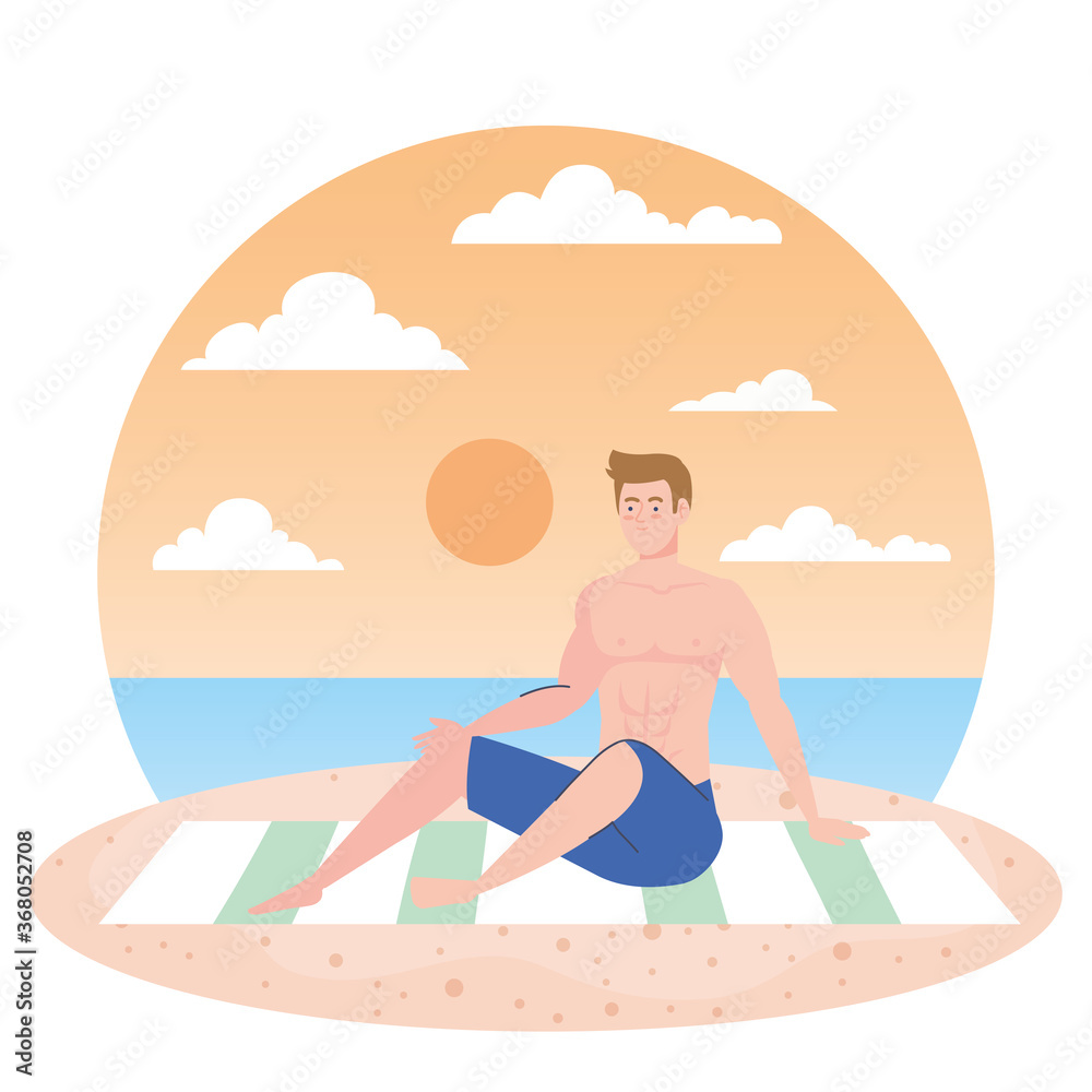 man in shorts sitting on the beach, summer vacation season season vector illustration design