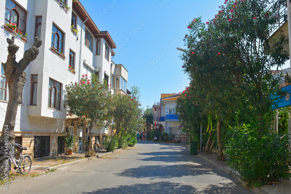 A quiet residential street in Buyukada, one of the Princes' Islands, also known as Adalar, in the Sea of Marmara off the coast of Istanbul, Turkey. 