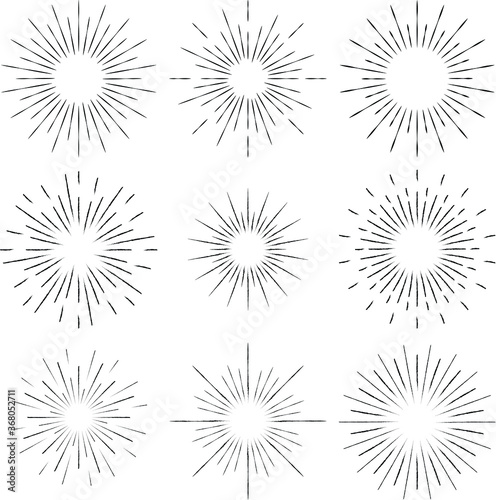 Set of black sunburst vector illustration for comic book. Vintage. Circle form. Abstract background. Star rays. Sunrise. Design element for frames, prints, web, template, logo and pattern